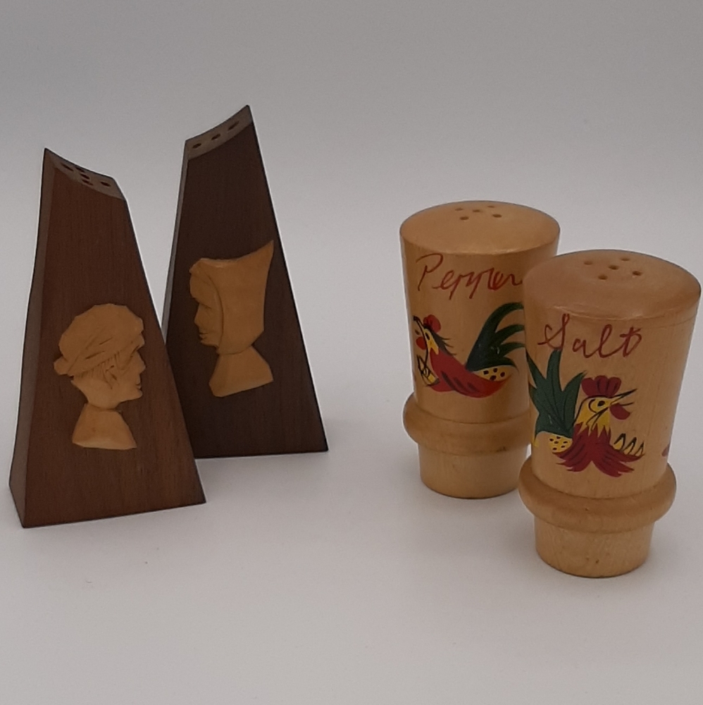 Vintage Hand Made Wooden Salt & Pepper Shakers 2 Sets Made in Japan